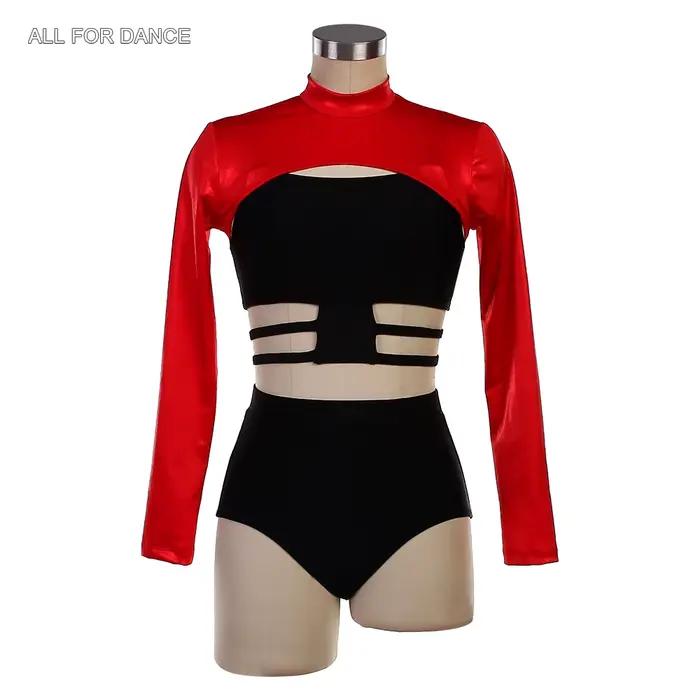 26084 Robes de ballet en spandex noir et rouge 2 en 1 pour adultes et filles, manches longues, costu