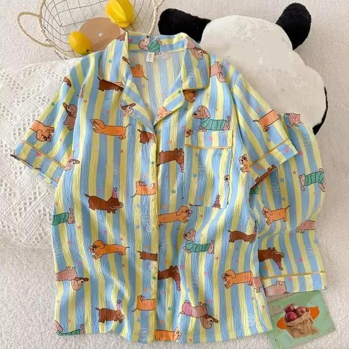 Nouveauté Été 2026 – Pyjama Femme Adorable Motif Teckel Rayé – Hauts et Shorts à Manches Courtes – T