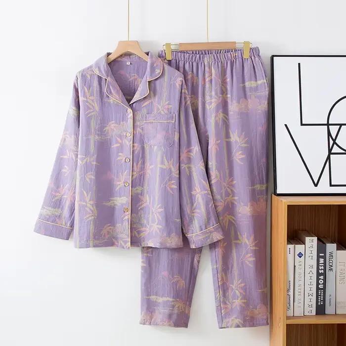 Ensemble pyjama pantalon en gaze Double couche en coton pour Couples, vêtements de détente fins à ma