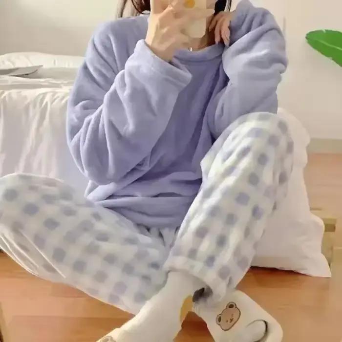 Ensemble pyjama en molleton épais et chaud pour femme, vêtements de nuit d'hiver, haut rigide et pan