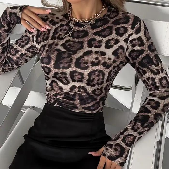 Body léopard Sexy pour femmes, coupe cintrée, décontracté, col montant, manches longues, combinaison