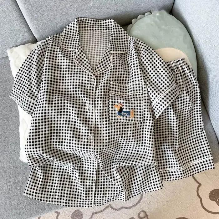 Ensemble de pyjama pour femmes avec broderie de chien teckel et imprimé à rayures, style Harajuku, e