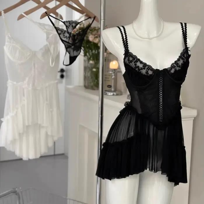 Pure Desire – chemise de nuit en dentelle avec bretelles circulaires en fil, Mini jupe, vêtements de
