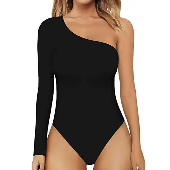 Haut asymétrique sexy pour femme, couleur unie simple, body basique à manches longues, chemisier d'é
