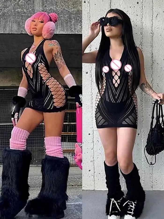 Robe courte dos nu en dentelle transparente pour femmes, chemise de nuit dos nu creux, pyjama sexy,