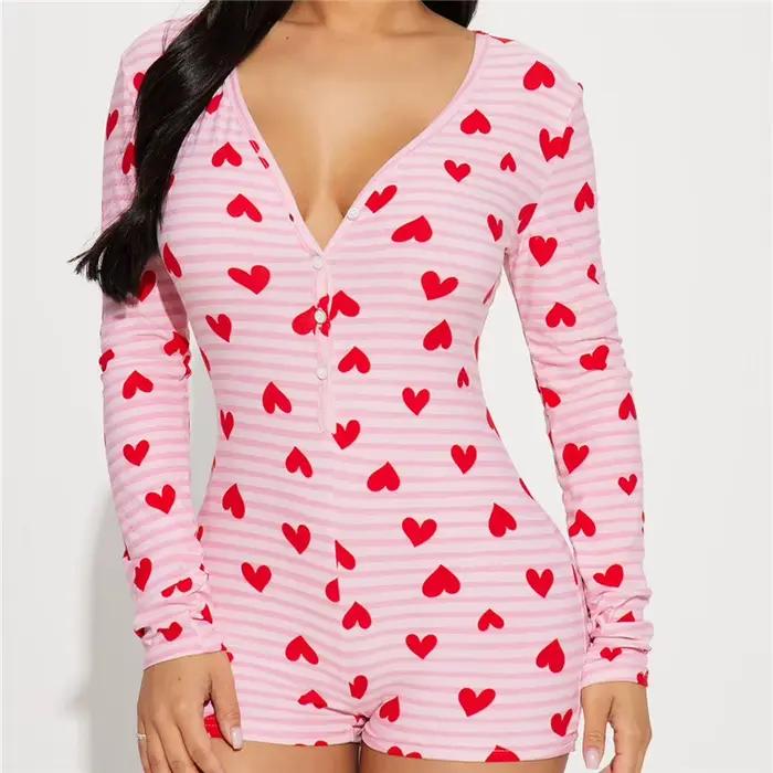 Combinaison de pyjama pour femmes pour la Saint-Valentin, imprimé romantique en forme de cœur, manch