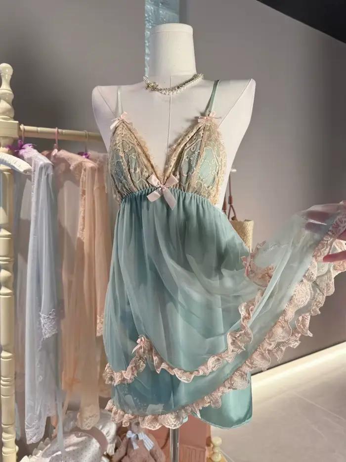 Chemise de nuit de rêve transparente en dentelle, avec coussinet de poitrine, Lingerie Sexy, robes d