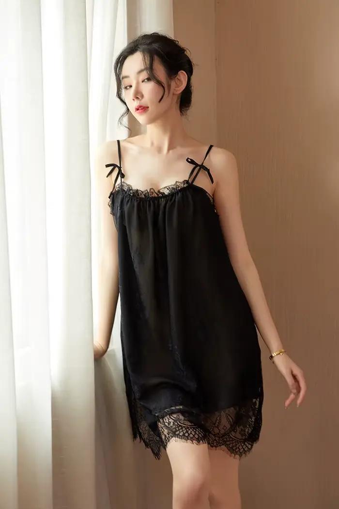 Vêtements de nuit sexy pour femmes, nuisette en dentelle, robe en satin, bretelles spaghetti, dos nu