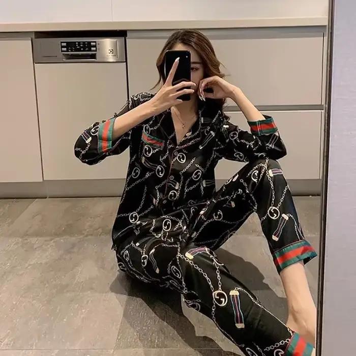 Femmes grande taille pyjamas soie à manches longues école vêtements de détente deux pièces mode sang