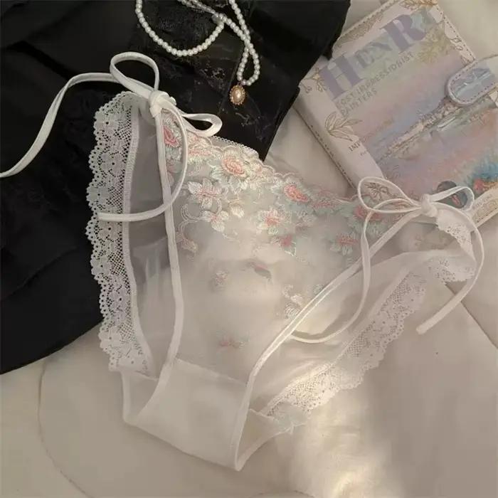 Culottes transparentes taille basse brodées de fleurs en coton avec entrejambe en coton pour femme,