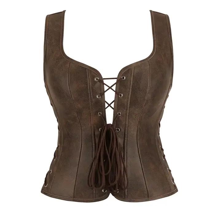 Gilet Corset Marron Style Vintage Steampunk pour Femme, Haut Médiéval Renaissance à Lacets