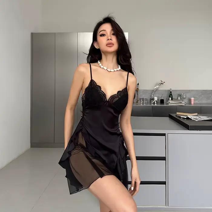 Chemise de nuit sexy pour femmes, avec coussinet de poitrine, pyjama en satin et dentelle, dos à bre