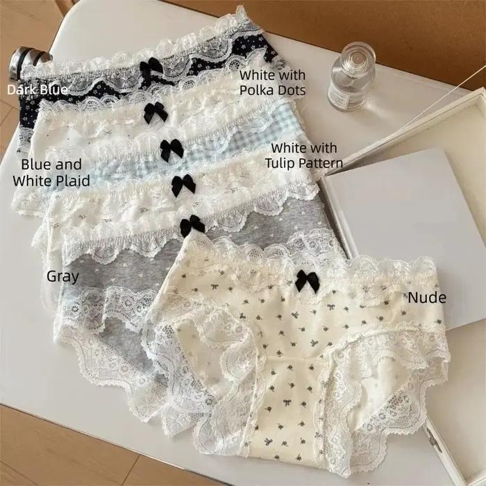 Culottes en dentelle taille moyenne pour femme, motif tulipe et nœud, sous-vêtements en coton à pois