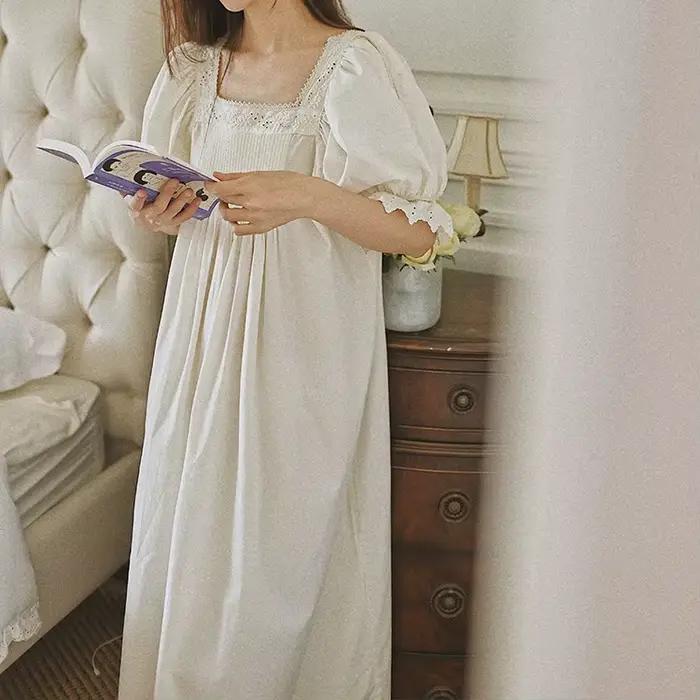 Français col en v Vintage longues chemises de nuit blanches femmes été manches courtes 100% coton ch