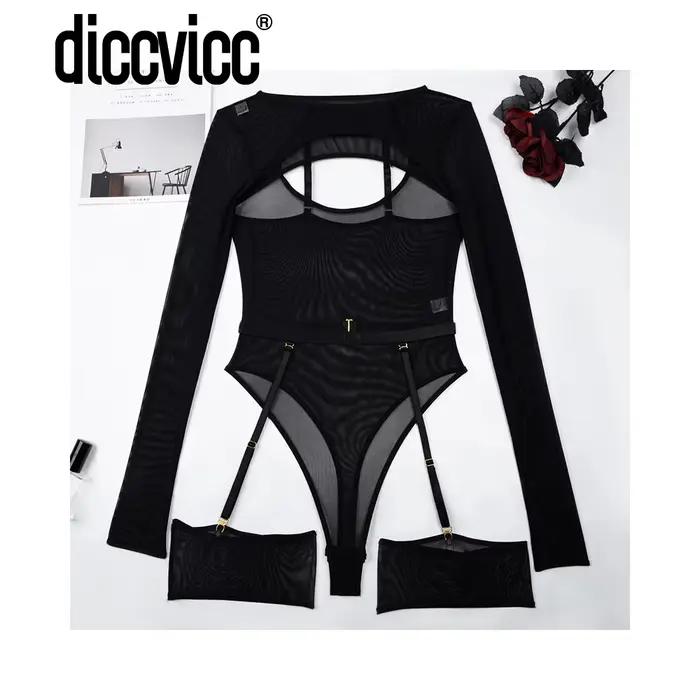 Diccvicc-Body Lingerie à manches longues en dentelle transparente pour femme, costume de batterie fi