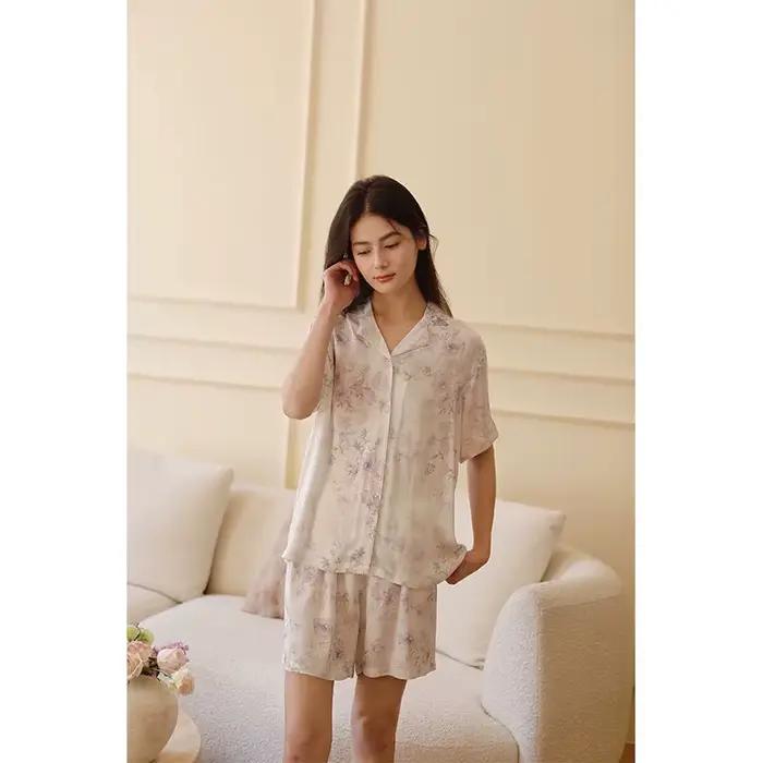 Pyjama d'été en Satin pour femmes, imprimé Rose violette, romantique, Short à manches courtes, confo