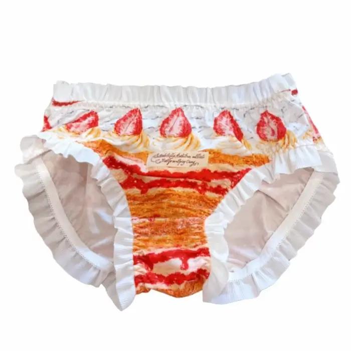 Culottes Lolita en soie glacée motif fraise Napolitaine, entrejambe en coton, taille basse, avec vol