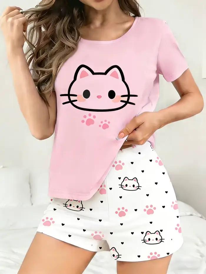 Ensemble pyjama d'été pour femmes à manches courtes et shorts avec imprimé numérique chat - Doux pou