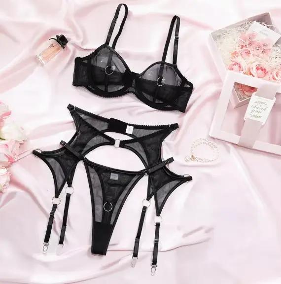 Ensemble de soutien-gorge push-up en maille transparente avec couvre-tétons, lingerie à haute élasti