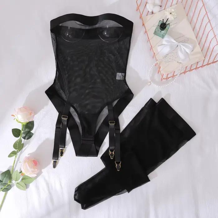Ellolace Body sexy en résille transparente pour femme adulte, style Sissy, épaules dénudées, entreja