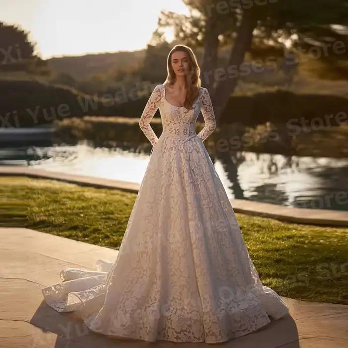 Robes de mariée luxueuses en dentelle à manches longues avec perles, style A-line, pour femmes, robe