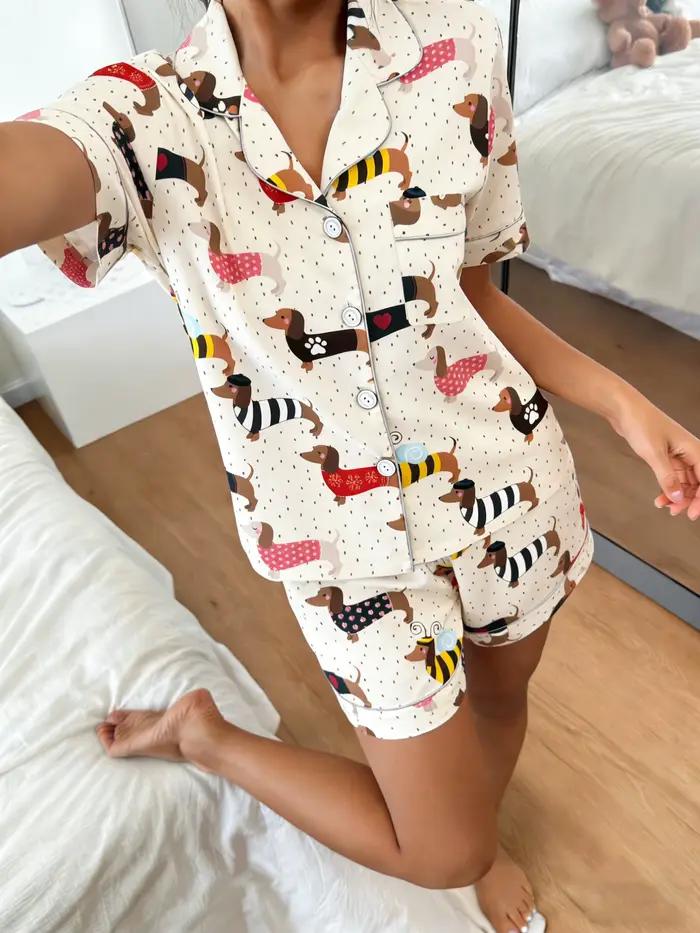 Pyjama femme 2 pièces avec cardigan à revers et short à manches courtes, imprimé Teckel, style migno