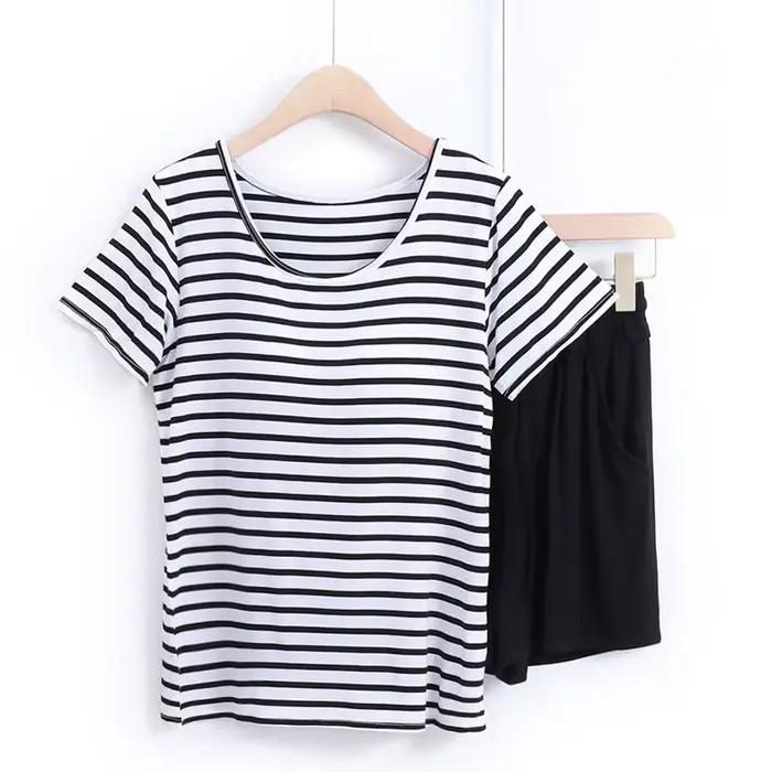 Pyjama rayé Modal pour femmes avec bonnets ensemble deux pièces été Pijama Adulto Feminino vêtements