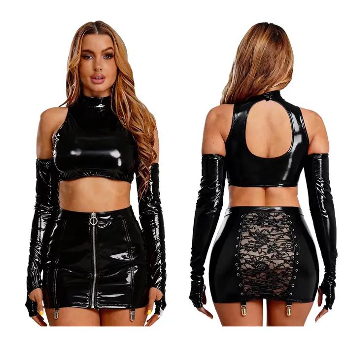 Tenues de pole dance pour femmes, effet cuir PU, tenue de clubbing, crop top découpé, fermeture écla