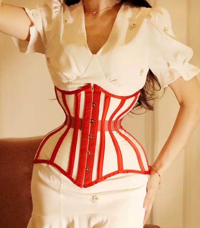 Annzley-Corset à rayures en maille rouge, bustier en dentelle, ultra-fin, fait à la main, amincissan
