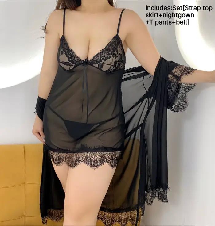 Ensemble de lingerie sexy en maille pour femmes rondes, nuisette grande taille avec robe assortie, t