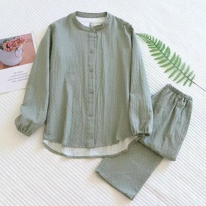 Pyjama en gaze de coton teint à pois pour femmes, ensemble de nuit Simple et décontracté à manches l