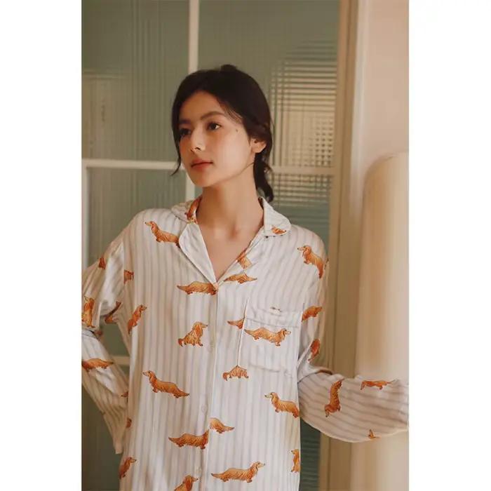 INS Style mignon teckel chien imprimé pyjama ensemble pour femmes doux Viscose rayé vêtements de nui