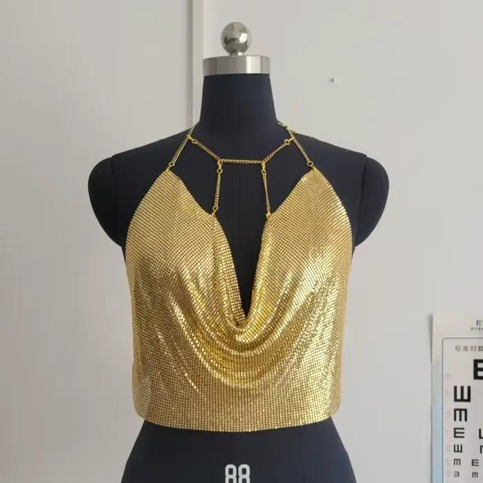Crop top dos nu pour femme, style boîte de nuit, sexy, orné de strass, de cristaux métalliques et de