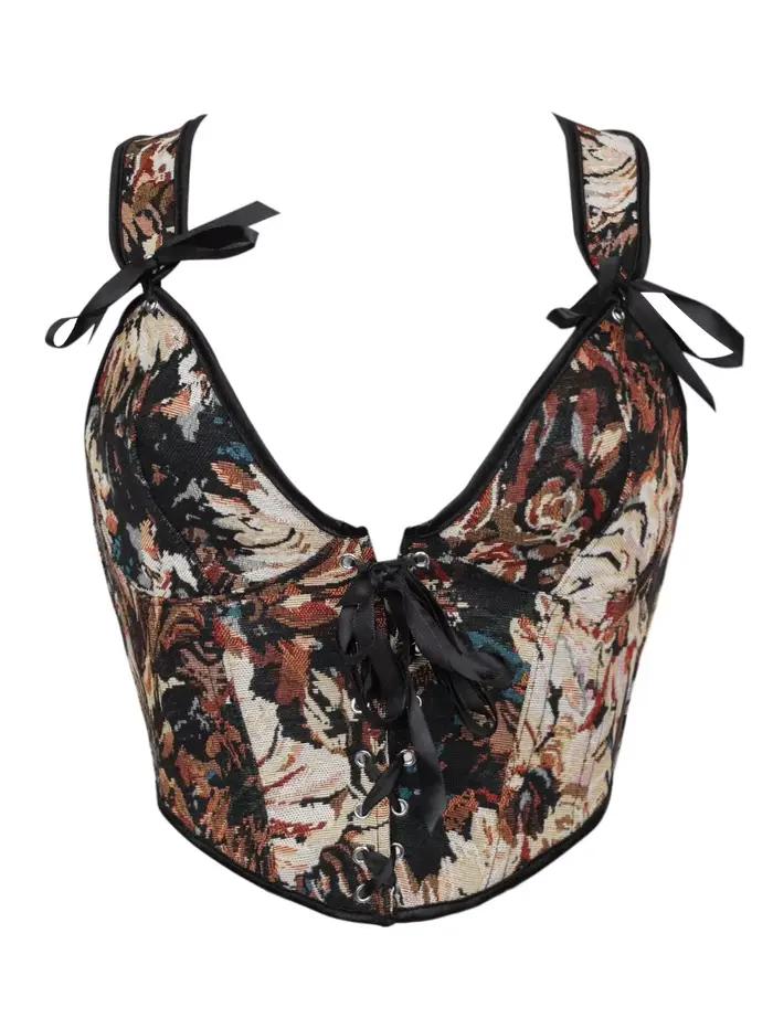 Corset victorien à baleines, bustier vintage en jacquard style peinture à l'huile, avec lacets et ru