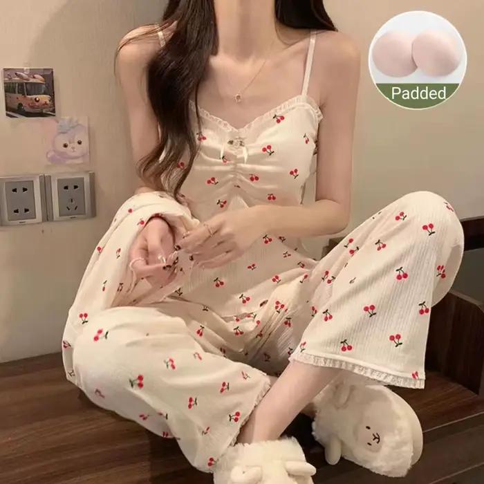 Pyjama à manches longues pour femme, ensemble trois pièces avec coussin, pantalon à bretelles, doux,