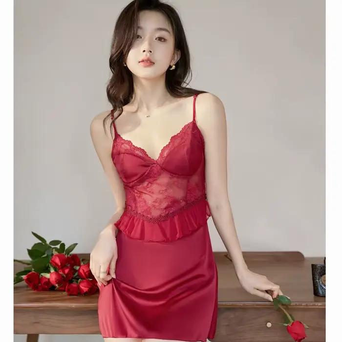 Chemise de nuit en dentelle rose pour femmes, Sexy, à bretelles, vêtements de nuit, robe de chambre,