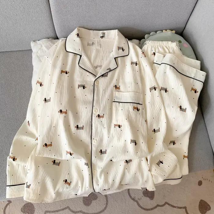 Ensemble pyjama pour femmes, Cardigan en coton fin, pantalon à manches longues, dessin animé teckel,