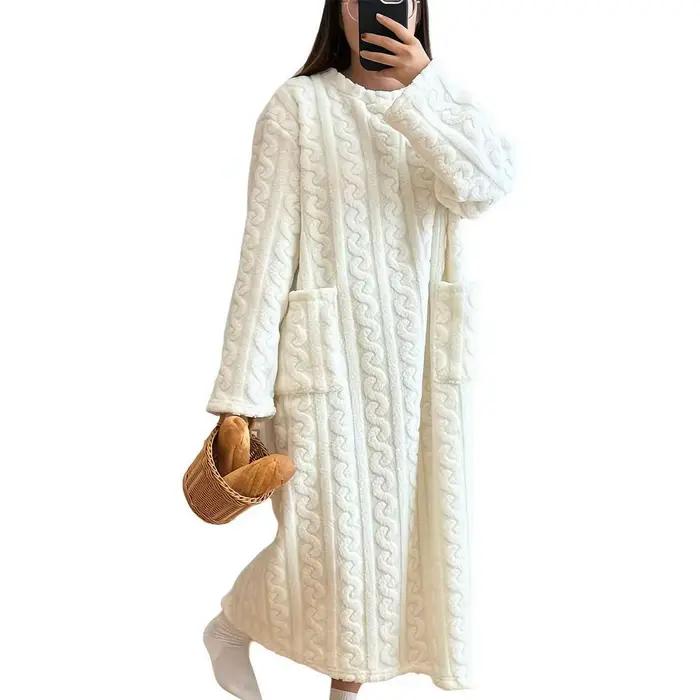 Hiver à manches longues Double poche flanelle chemises de nuit femmes ample solide vêtements de nuit