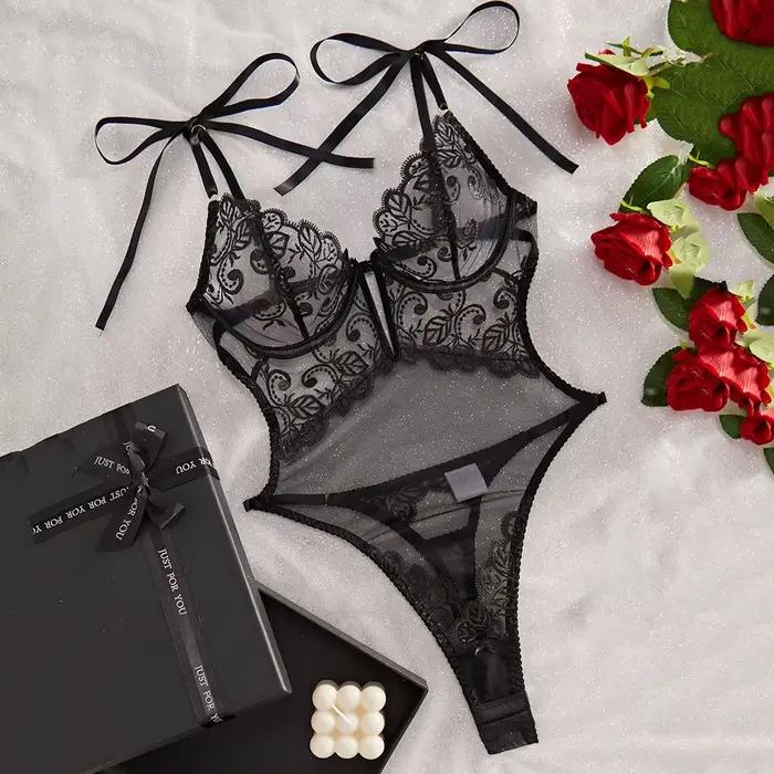 Body de lingerie sexy transparent pour femme, décolleté plongeant, style licou, costumes érotiques,
