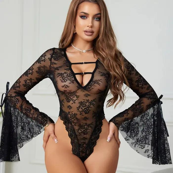Combinaison en dentelle transparente en maille pour femme, lingerie sexy, body une pièce à manches é