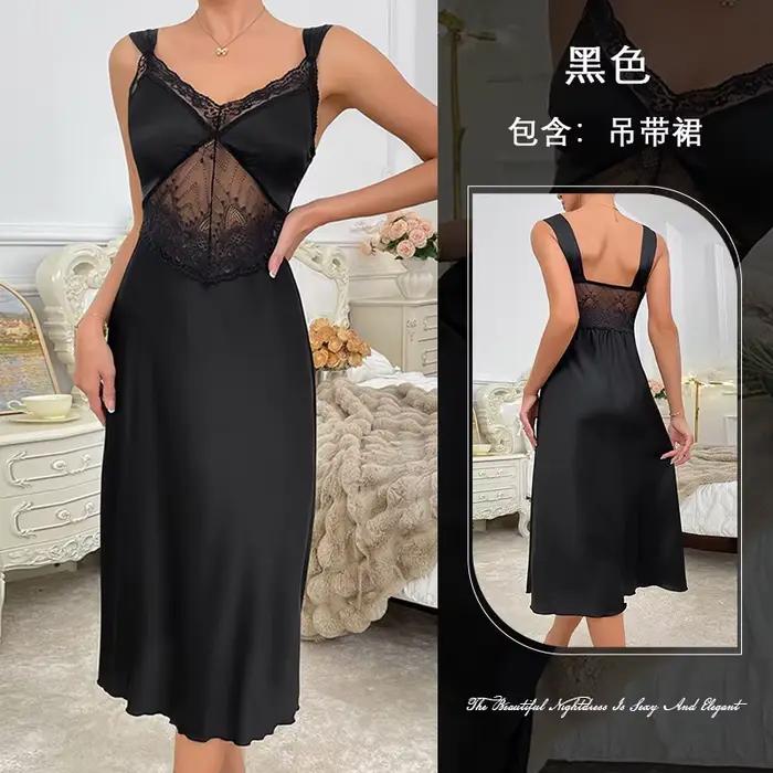 Noir Sexy Patchwork dentelle Chemise de nuit jarretelle Chemise de nuit Lingerie intime Chemise vête