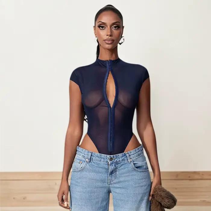 Body Sexy pour femmes, ajouré, fermeture éclair sur le devant, coupe ouverte, mode sans manches, Y2k