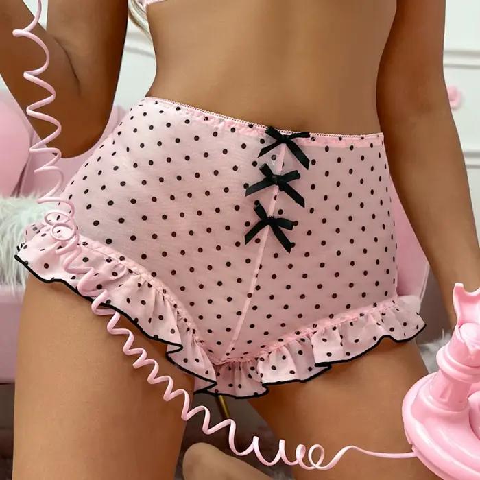 Mini-short de pyjama pour femme, mignon, élégant, à pois, avec nœud, coupe ajustée, à volants, pour