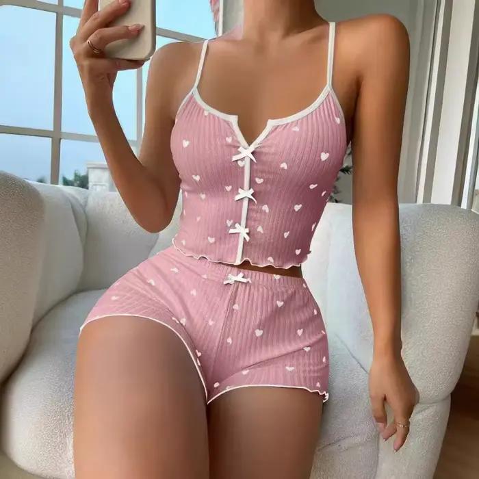 1 ensemble de vêtements de nuit pour femmes, ensemble pyjama en tissu côtelé doux imprimé cœur avec