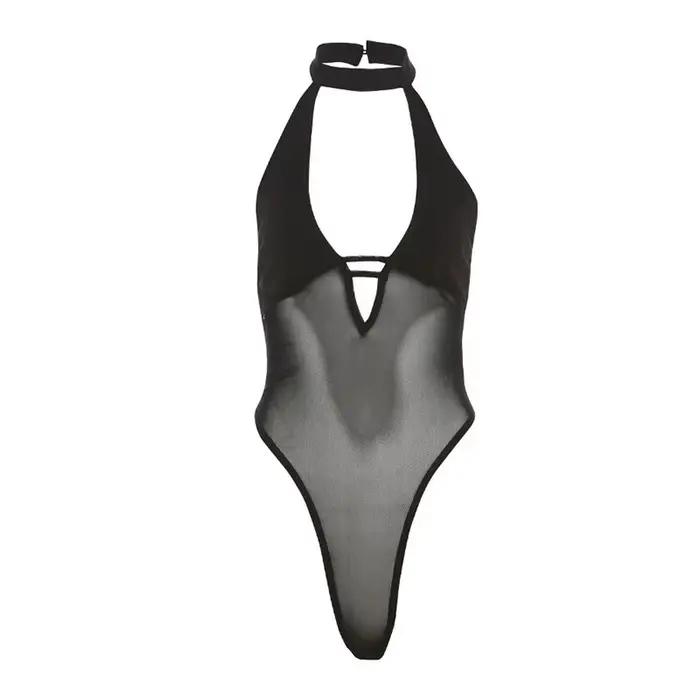 SylCue maille Patchwork maigre body femmes licou col bas Sexy décolleté dos nu rue Style sauvage Hip