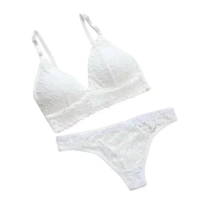 Ensemble de lingerie en dentelle à col en V avec soutien-gorge à fleurs, culotte string de couleur u