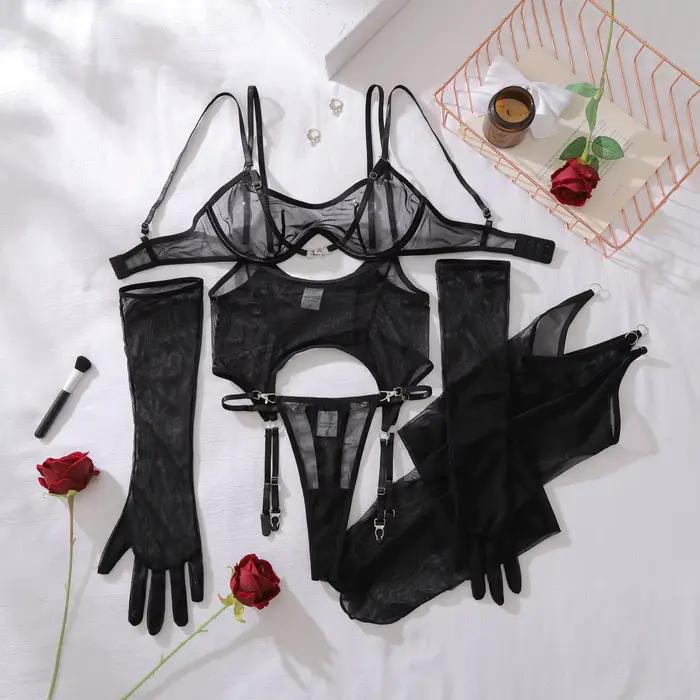 Ensemble de lingerie féminine sensuelle et sexy 5 pièces en maille transparente, sous-vêtements éthi