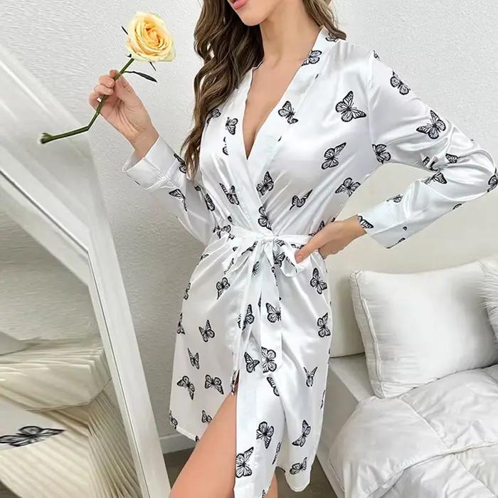 Chemise de nuit en satin à col en V pour femmes, peignoirs kimono, vêtements de nuit sexy, pyjama à