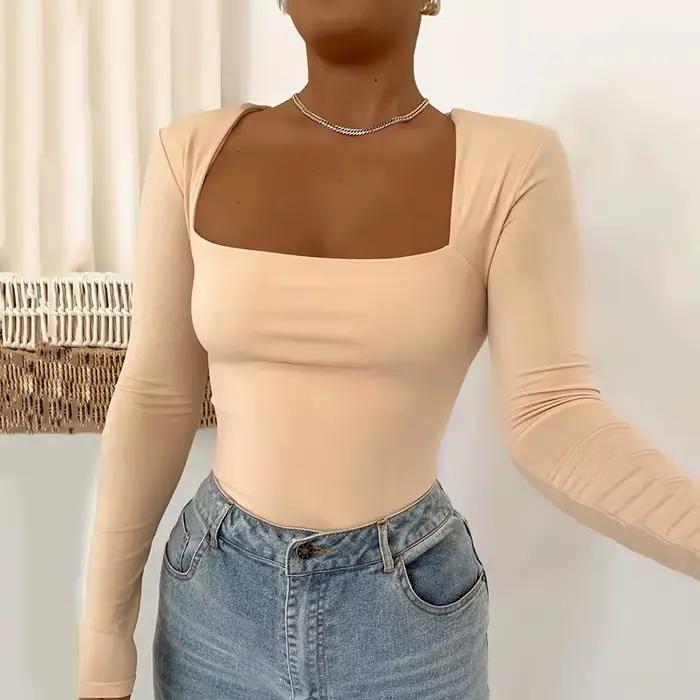 Body manches longues salopette pour femmes 2024 streetwear moulante col carré femme basique noir sal