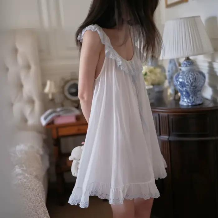 Robe de nuit féerique en coton et dentelle pour femme, style décontracté, idéale pour l'été